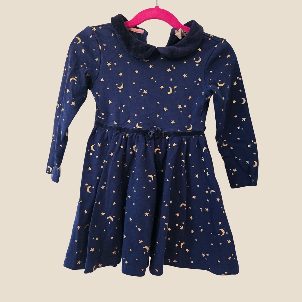 Mini Boden Girls Navy Gold Moon Star Celestial Velvet Collar Dress 3-4Y